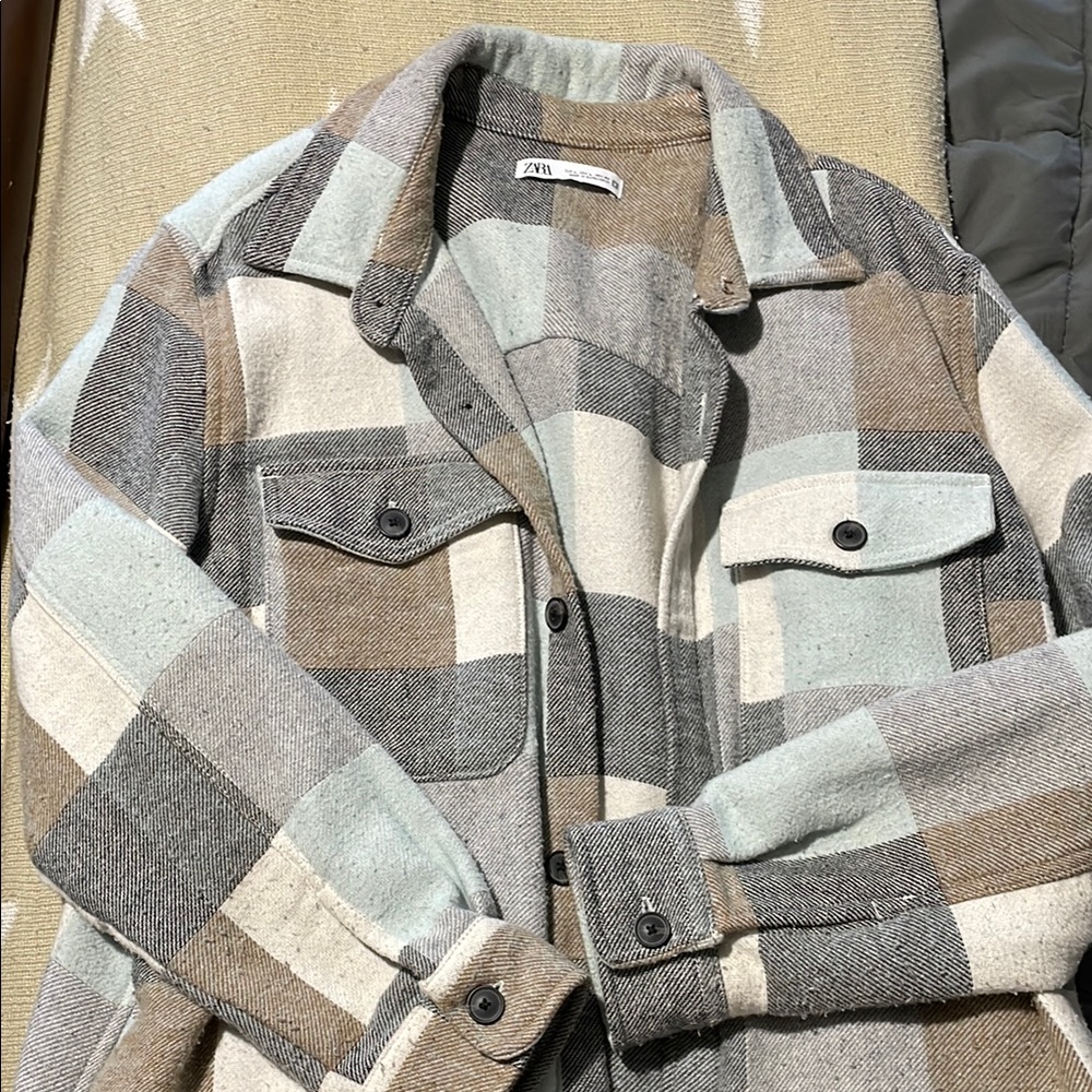 Zara Plaid shacket Jacket in Gray and Brown and Blue